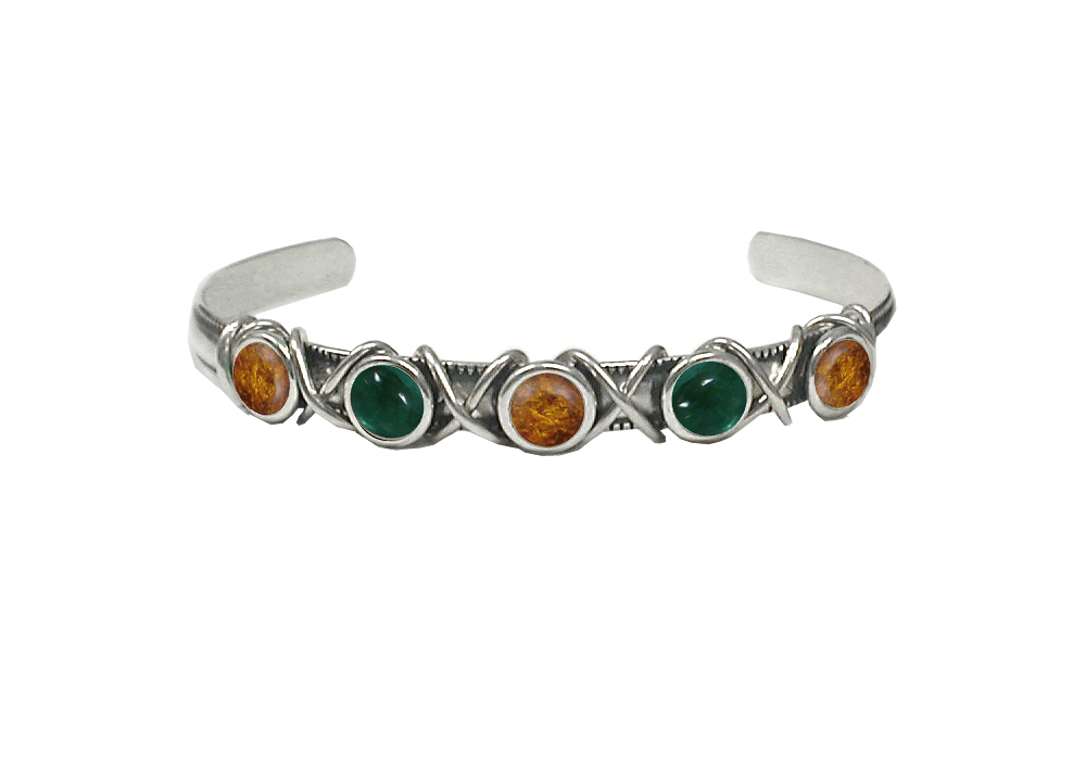 Sterling Silver Cuff Bracelet With Amber And Fluorite